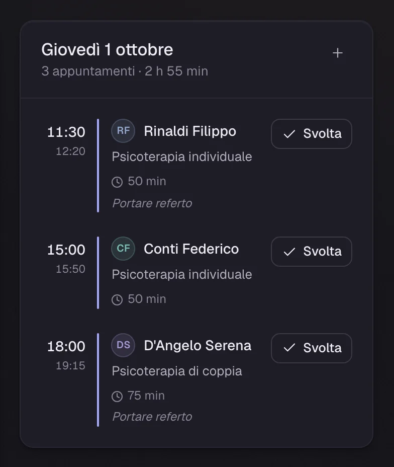 Le sedute di una giornata in agenda, ognuna con orario, paziente, prestazione e il pulsante «Svolta».