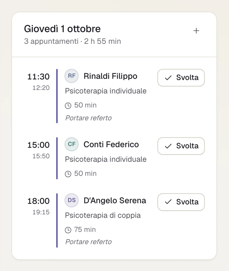 Le sedute di una giornata in agenda, ognuna con orario, paziente, prestazione e il pulsante «Svolta».