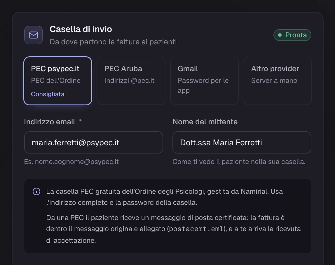 La scelta della casella di invio tra PEC psypec.it, PEC Aruba, Gmail e altro provider, con l'indirizzo psypec.it compilato.