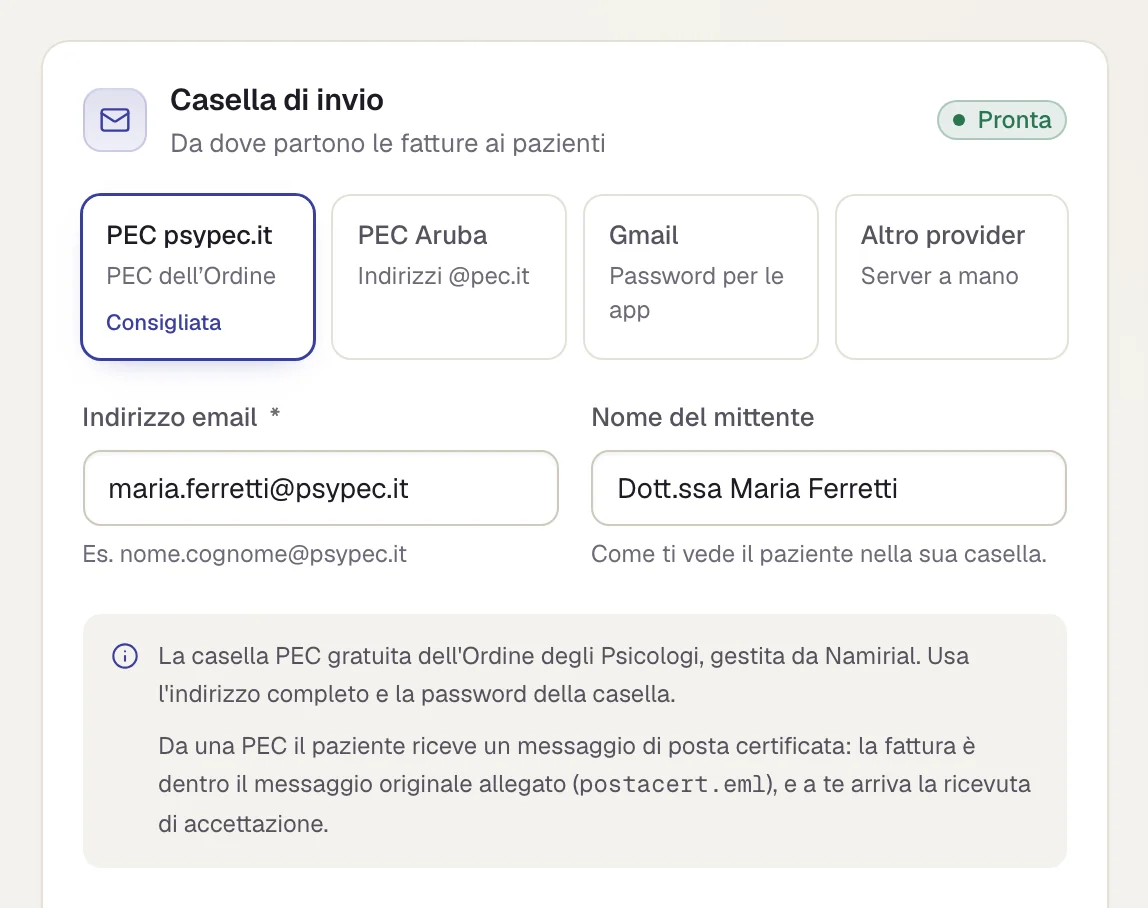 La scelta della casella di invio tra PEC psypec.it, PEC Aruba, Gmail e altro provider, con l'indirizzo psypec.it compilato.