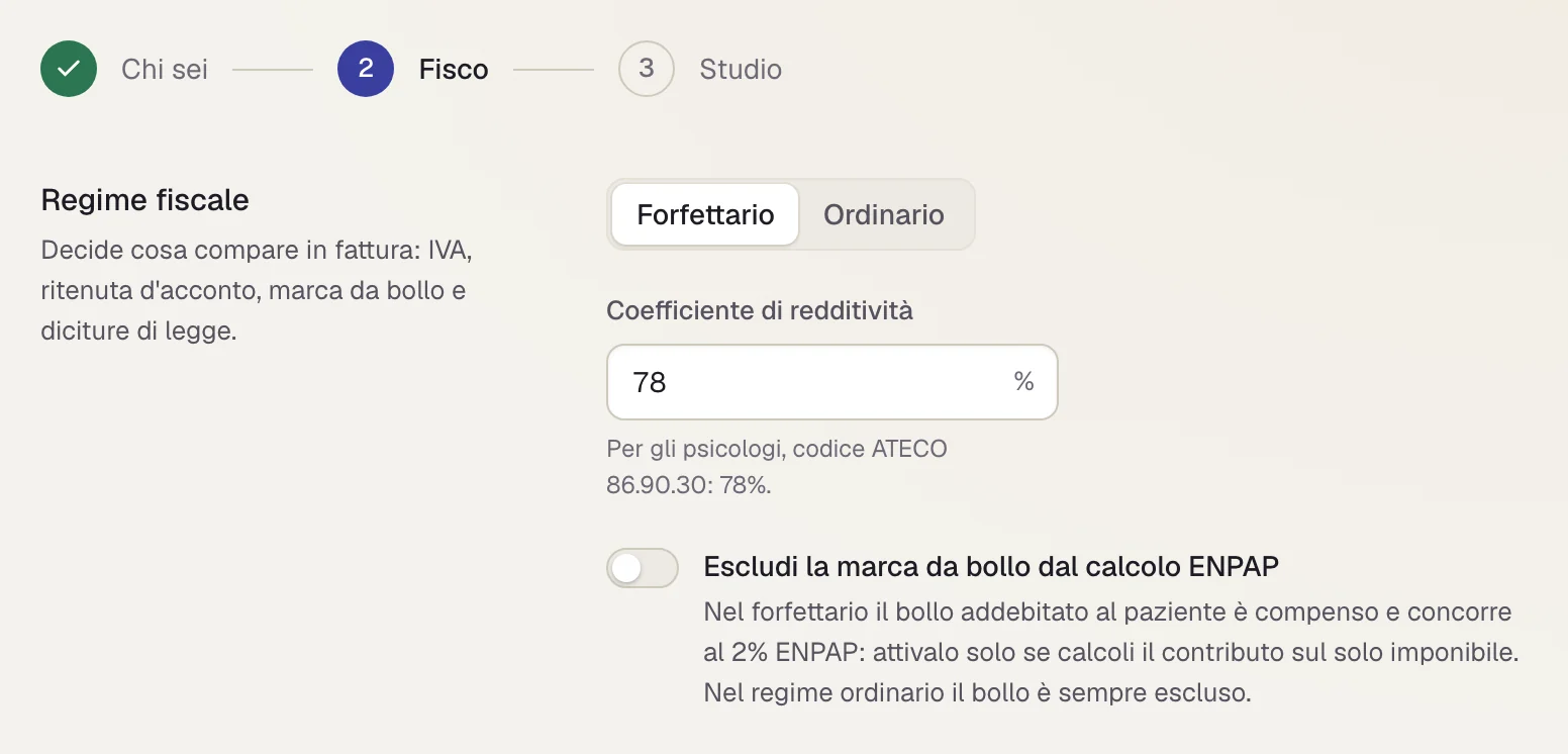 Il secondo passaggio del primo avvio, Fisco: la scelta tra regime forfettario e ordinario, il coefficiente di redditività e il calcolo ENPAP.