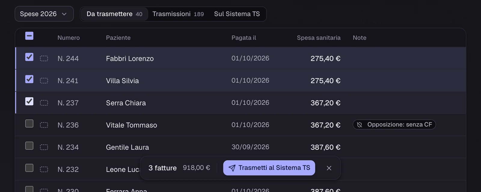 Le fatture pagate da trasmettere al Sistema TS: tre sono selezionate e in basso c'è il pulsante «Trasmetti al Sistema TS».