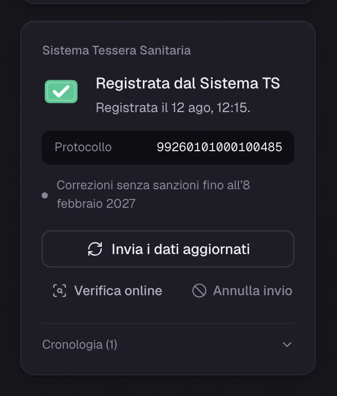 Il riquadro Sistema Tessera Sanitaria di una fattura registrata, con il numero di protocollo e i pulsanti per inviare i dati aggiornati, verificare online e annullare l'invio.