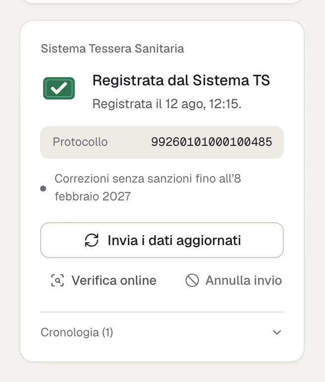 Il riquadro Sistema Tessera Sanitaria di una fattura registrata, con il numero di protocollo e i pulsanti per inviare i dati aggiornati, verificare online e annullare l'invio.